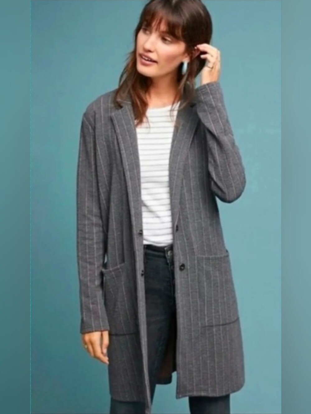 NWT Anthropologie Women’s Harlyn Morgan’s Gray Pinstripe Longline Blazer Small